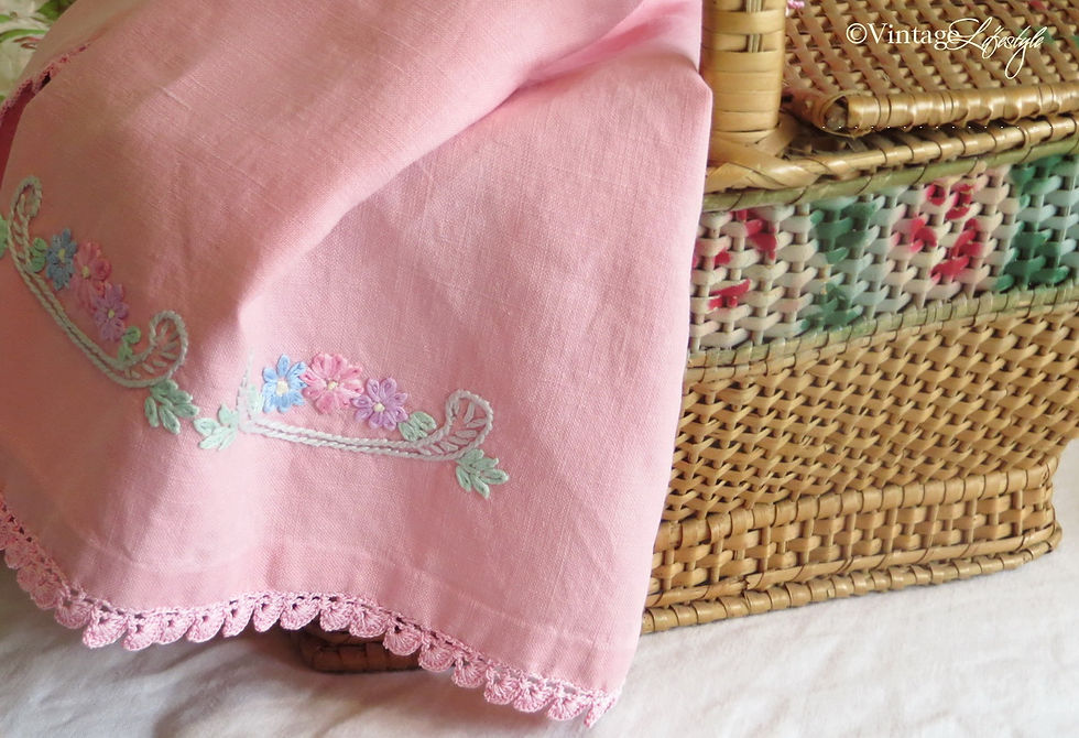 Thumbnail: Pink Linen Embroidered Cloth in Basket
