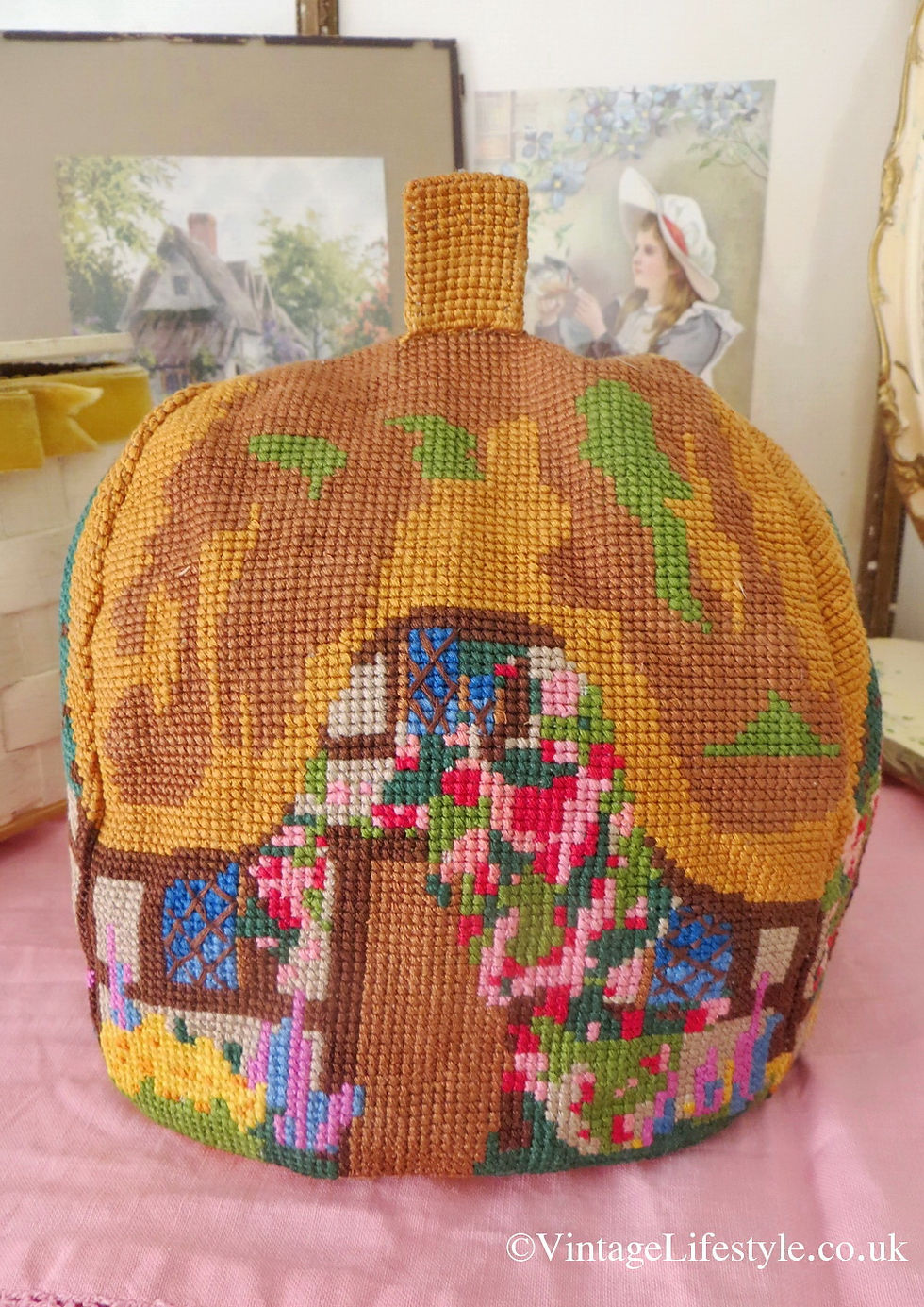 Thumbnail: Vintage Needlepoint Cottage Tea Cosy