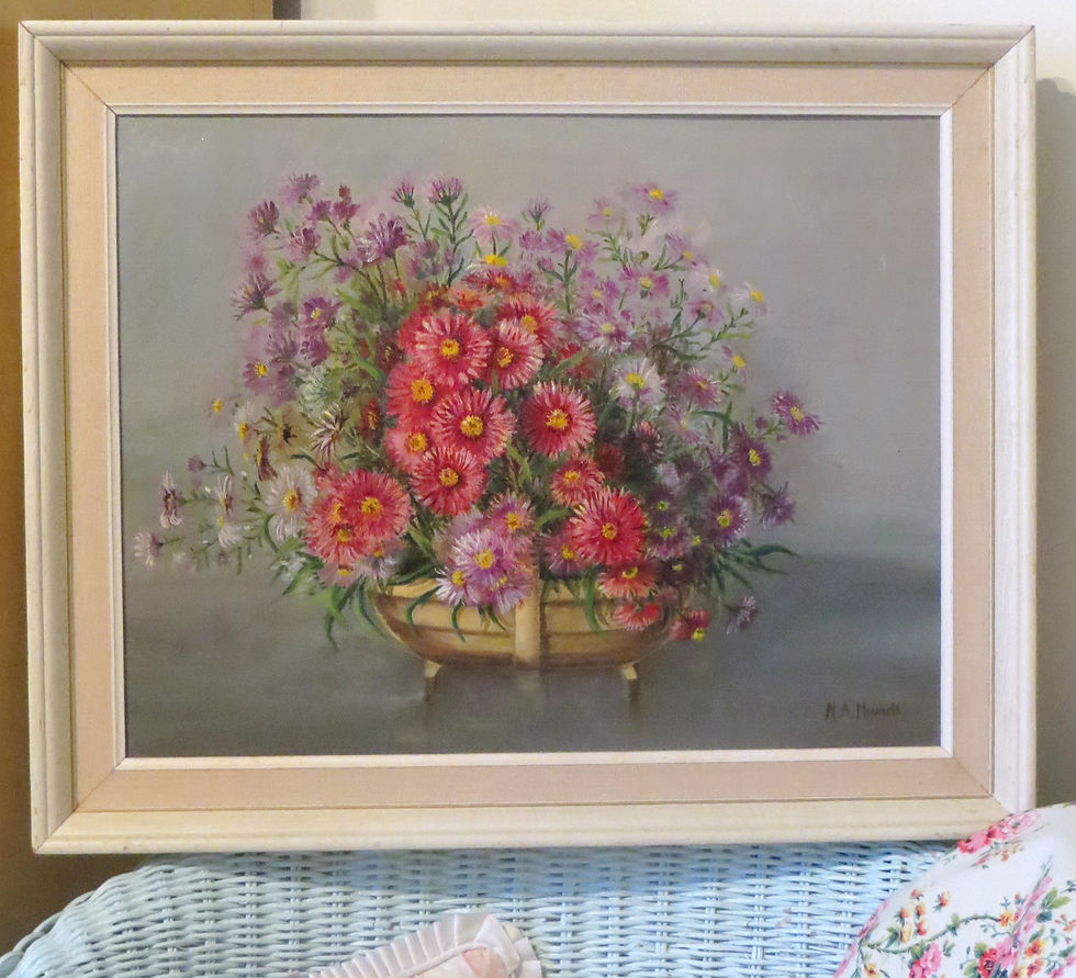 Thumbnail: Pink Asters in Trug vintage oil painting