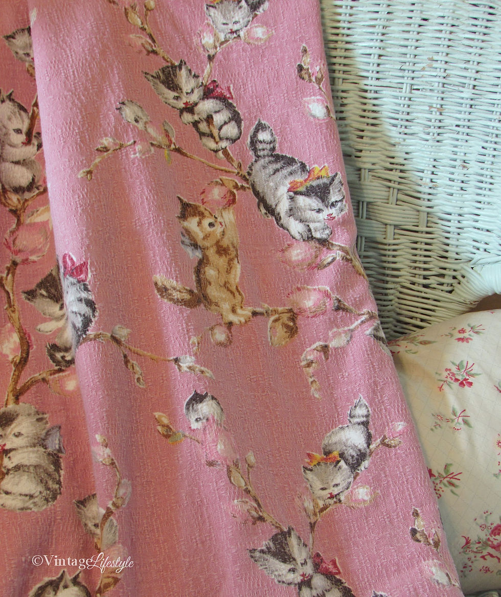 Vintage kitten fabric curtains  1960's pussy willow