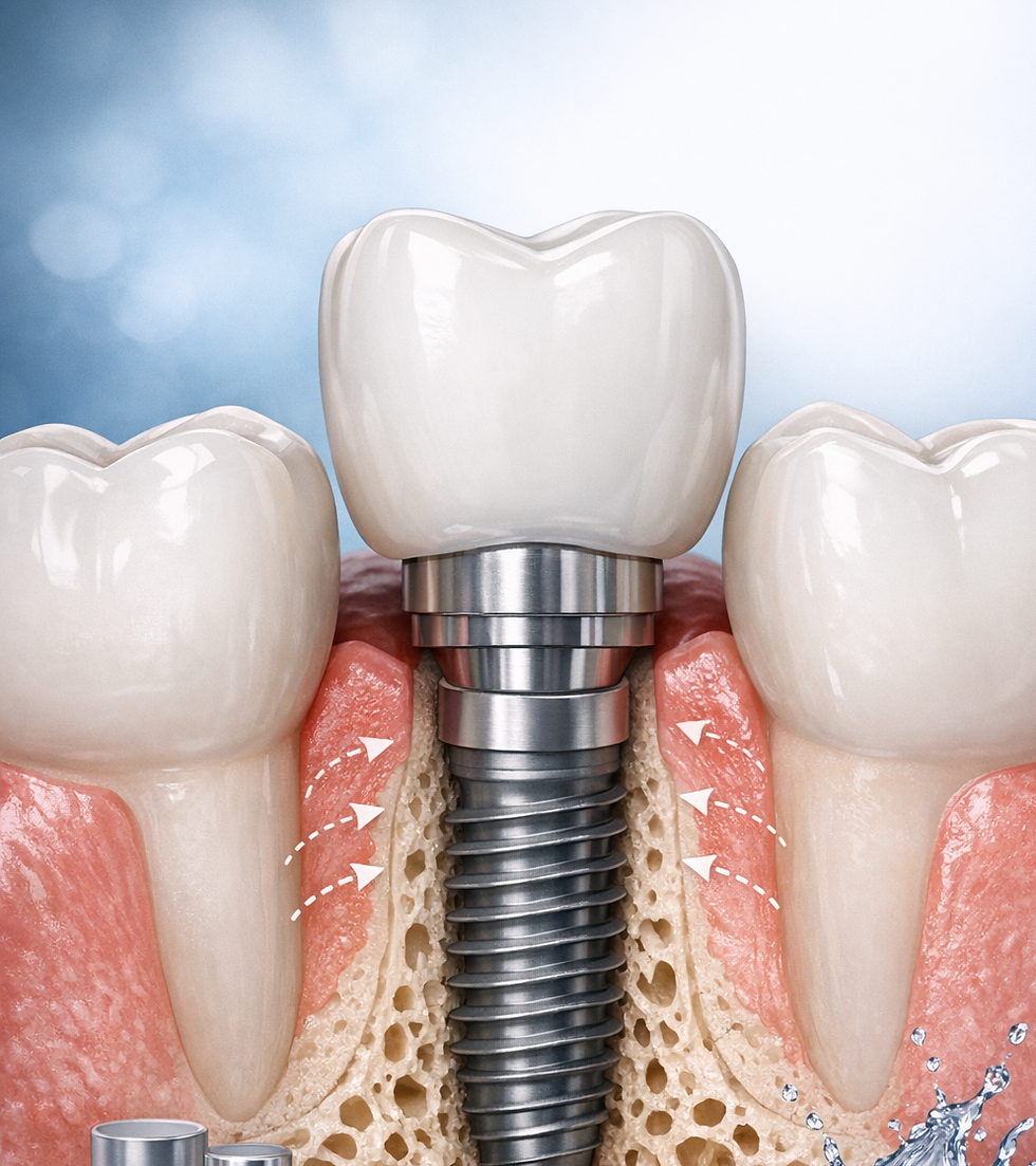 Illustrazione 3D di un impianto dentale con vite in titanio e corona ceramica tra due denti naturali.
