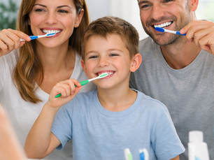 Dentista che mostra la corretta igiene orale e come lavare i denti correttamente per prevenire carie, tartaro e gengiviti