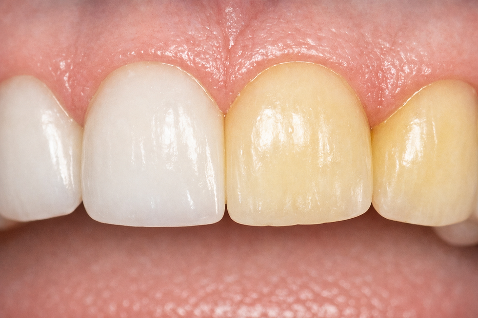 Primo piano di quattro denti anteriori con ingiallimento lieve e progressivo dello smalto, mostrato in modo clinico per evidenziare la variazione naturale del colore nel tempo.