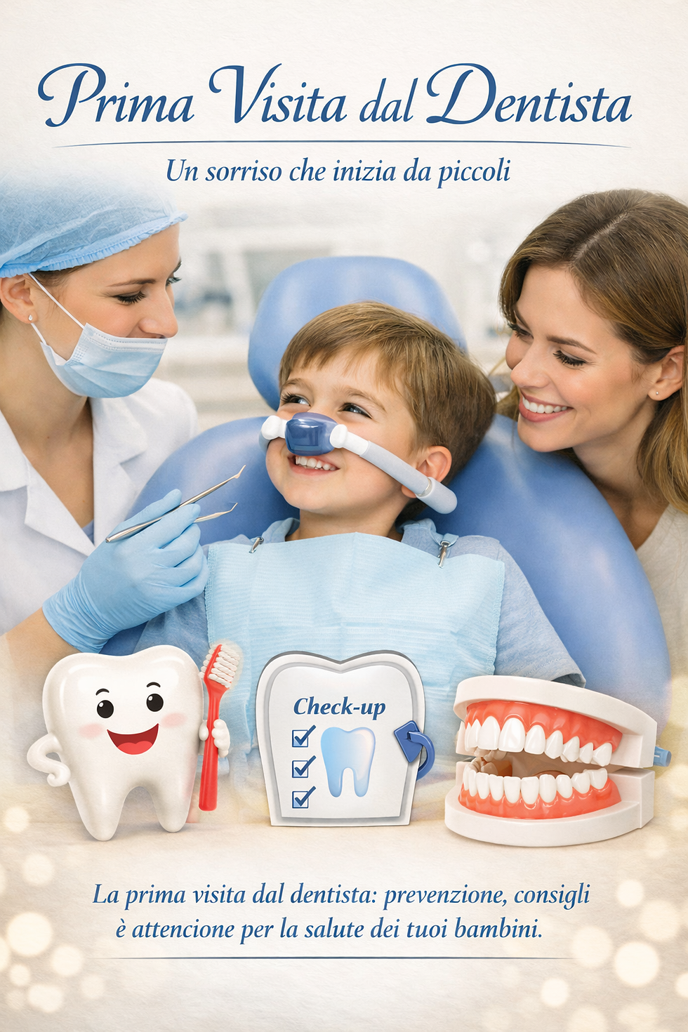 Bambino sorridente durante la prima visita dal dentista, assistito da odontoiatra e genitore in ambiente accogliente.