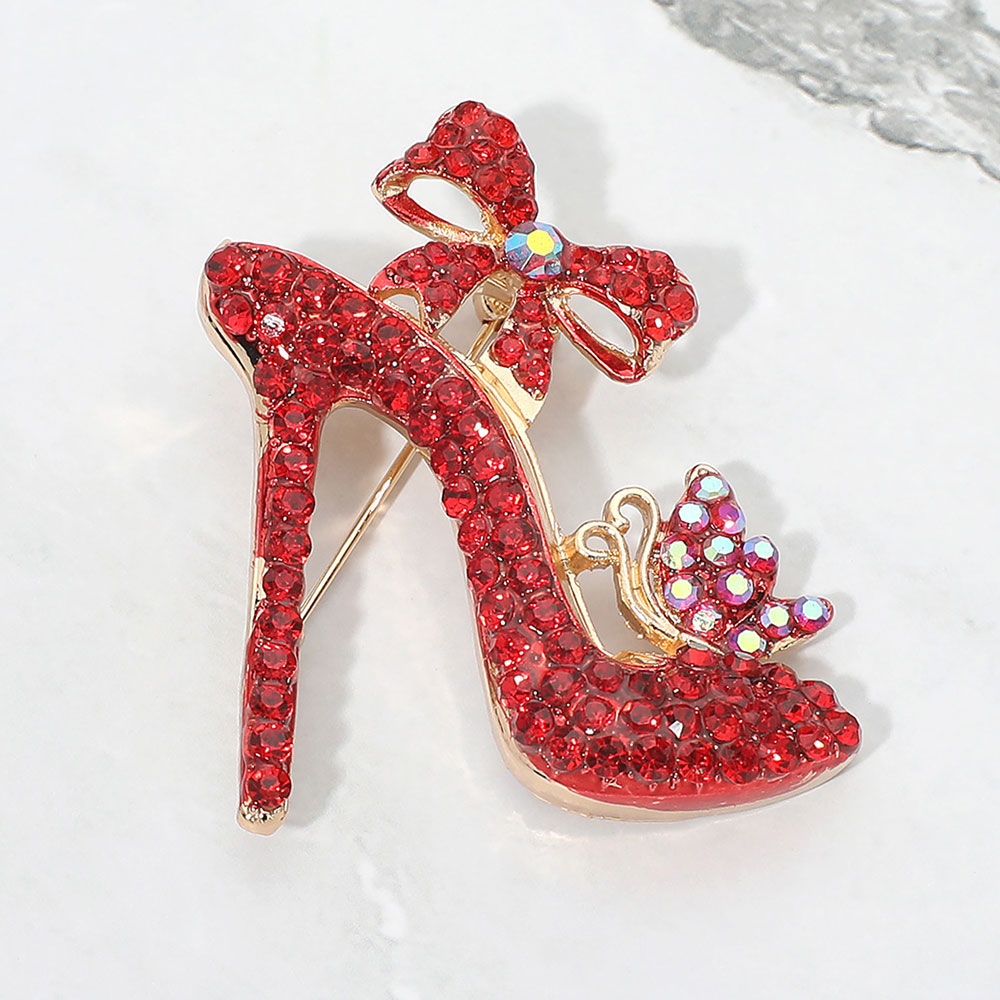 Red Rhinestone Bow Accent High Heel Pin Brooch (WT)