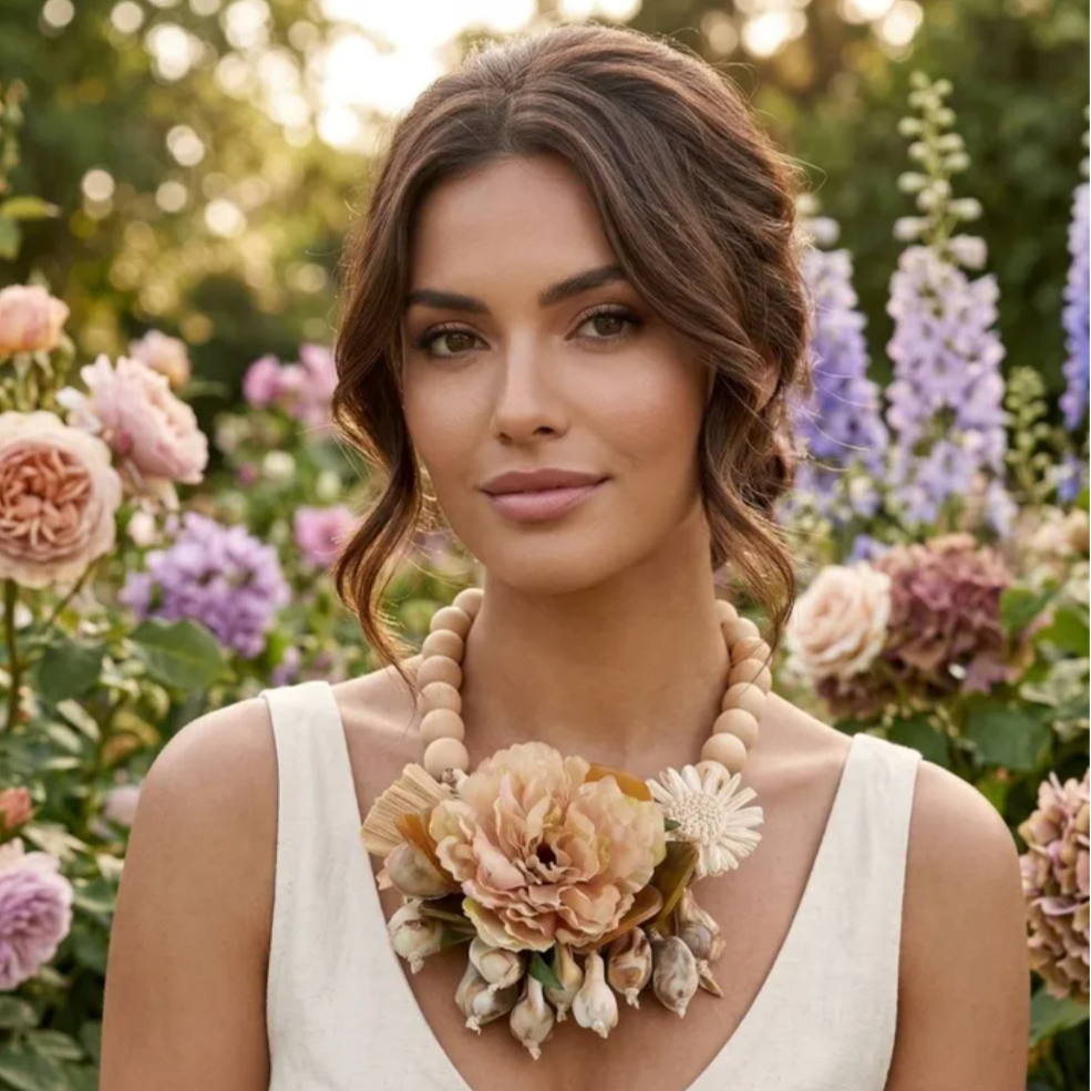 Cream Floral Garden Wood Bead Statement Necklace
