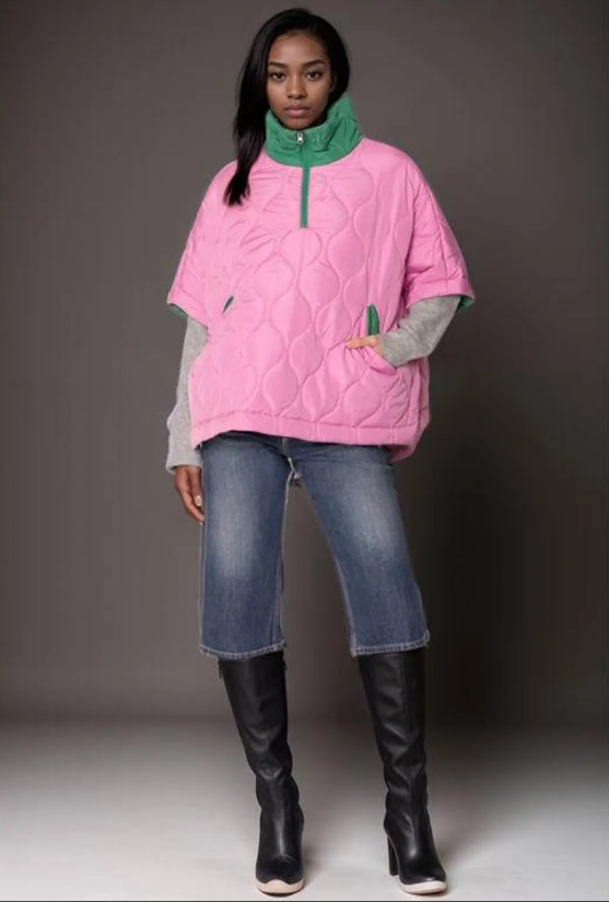 Pink and Green Quilted Puffer Pullover Poncho (WT)