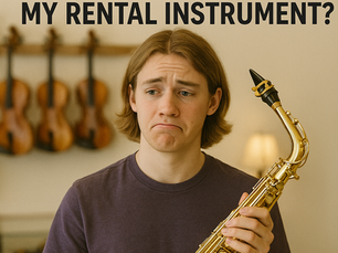 person looking confused about his rental instrument while holding a saxophone