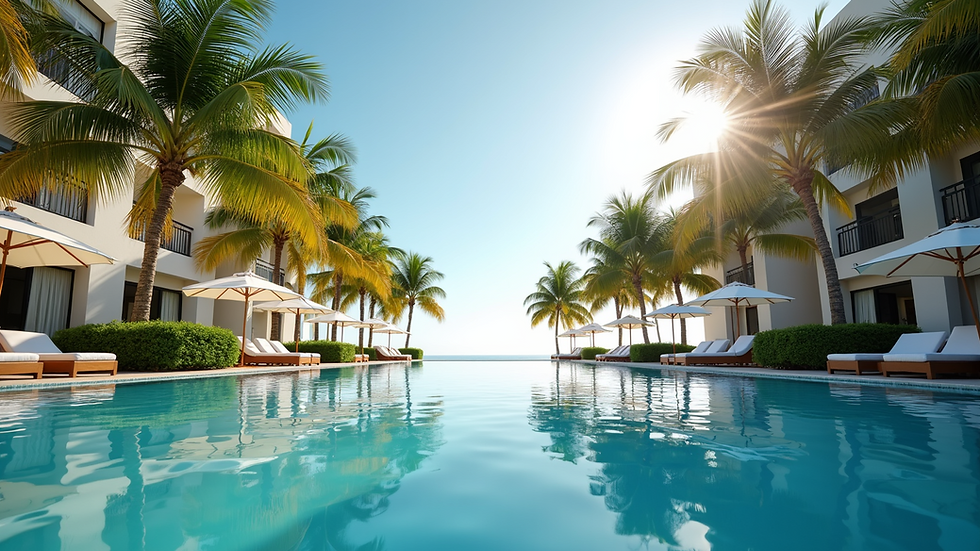 Eye-level view of a luxury resort pool with palm trees