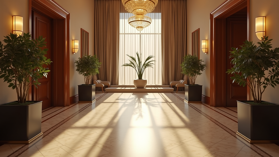 High angle view of a luxury hotel lobby with elegant decor
