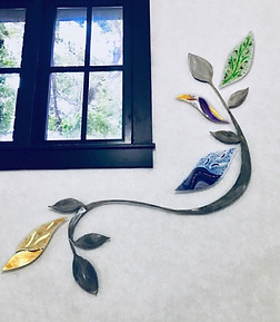 Metal and glass art, lobby , entry, wall mural, leaves, vine