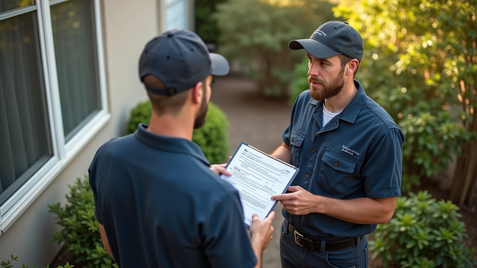 High angle view of a repair technician discussing a quote with a homeowner