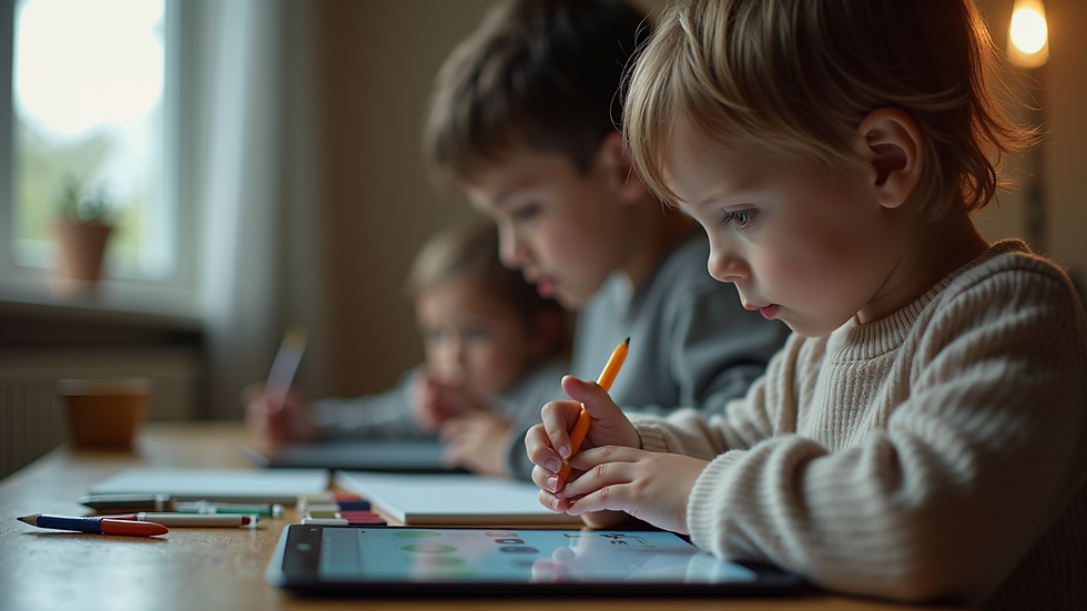 Eye-level view of a child using an art and AI app on a tablet