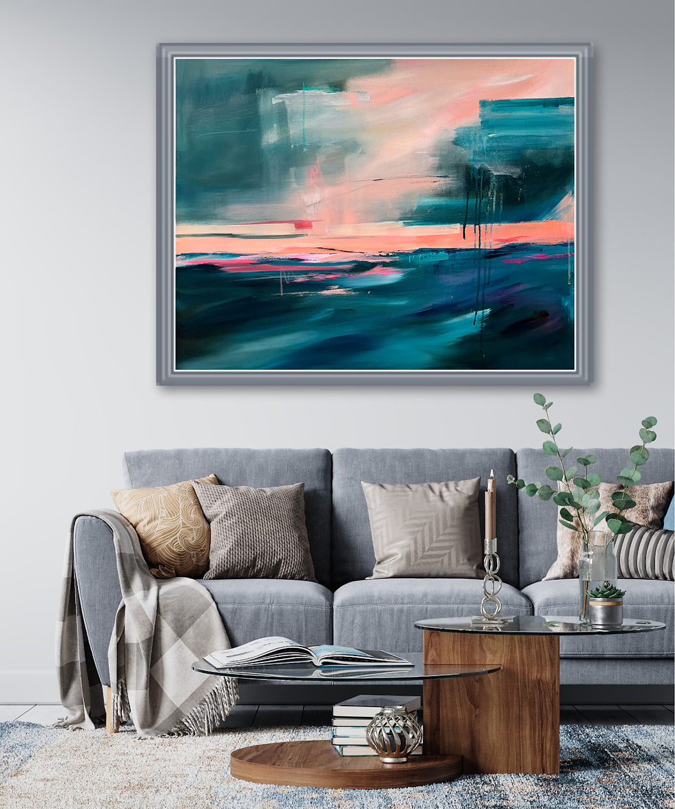 Thumbnail: Predominantly a deep green/blue abstract painting with a pantone peach fuzz detail through the middle