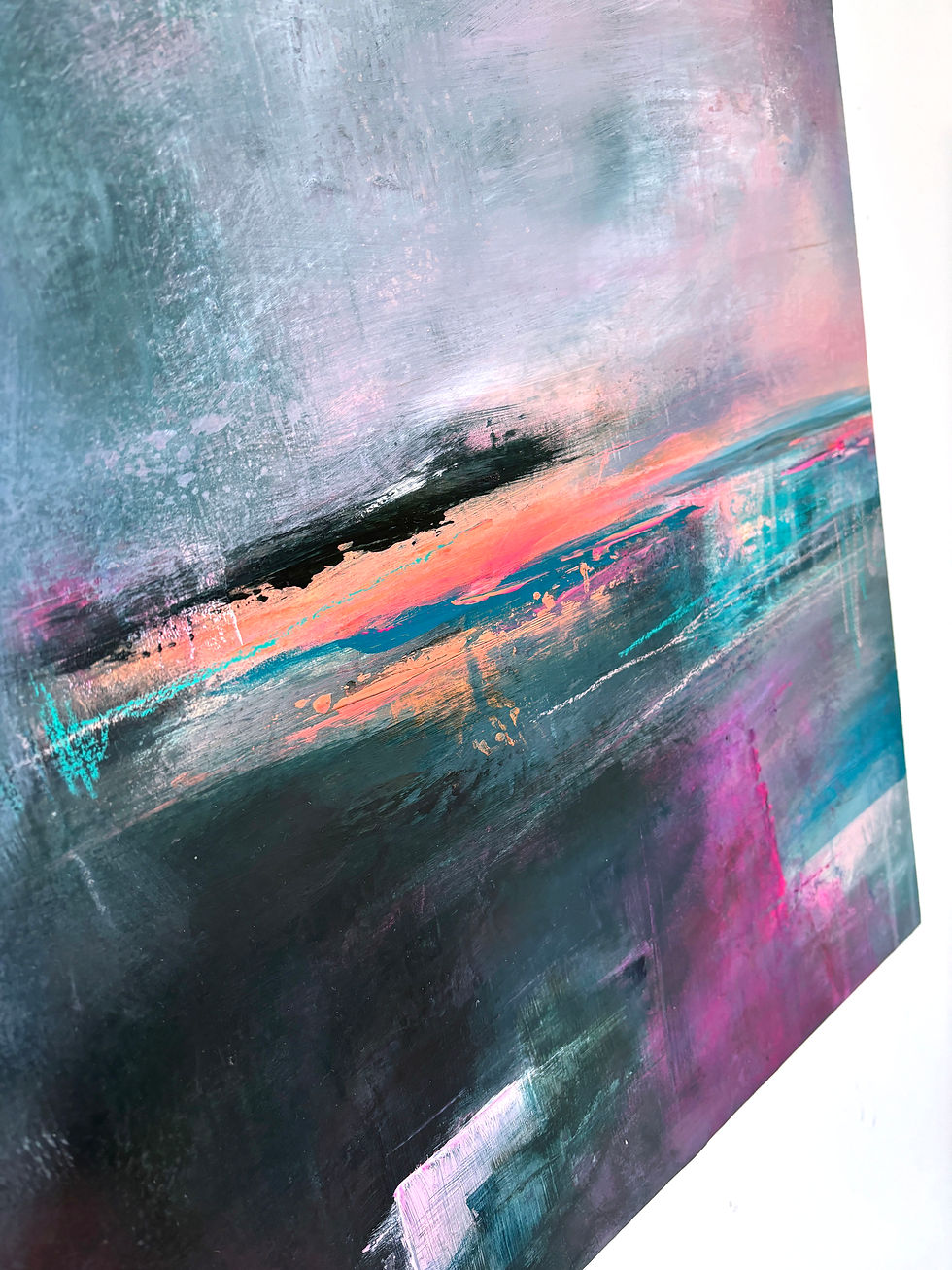 Thumbnail: Abstract painting with a vibrant orange centre line. Blue & purple mark making details below & a calm space above.