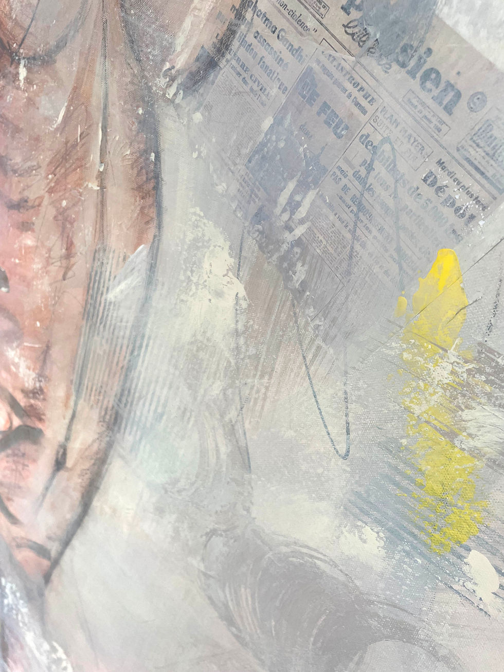 Thumbnail: An abstract painting with the front view of a female figure in creams & greys with pops of pink & yellow. Collage details