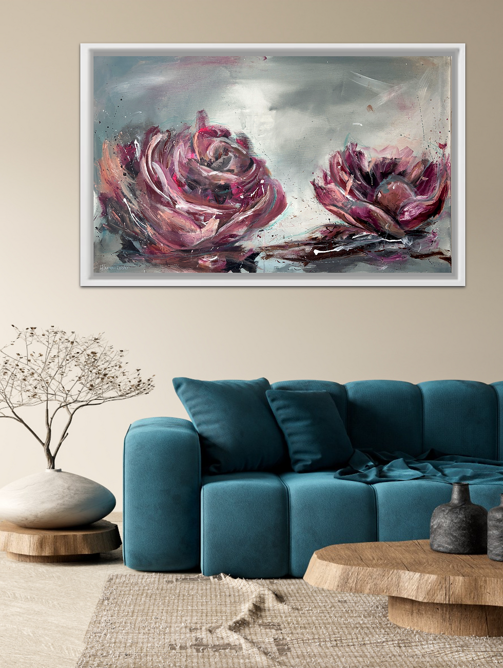 Thumbnail: abstract expressionist painting of 2 large awakening roses in deep burgundy & pinks against a muted grey background