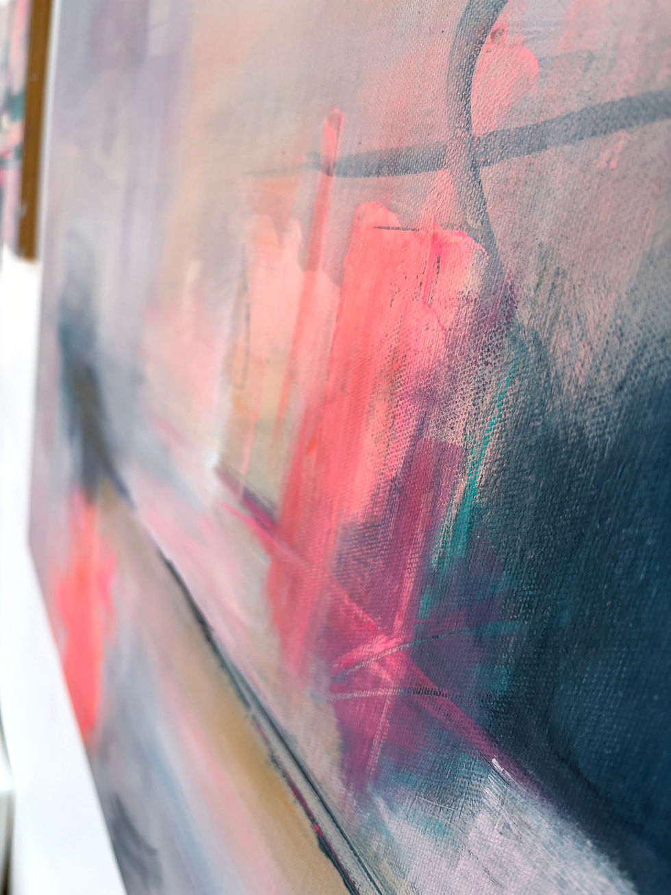 Thumbnail: A sense of space in this abstract painting in pastel pinks/purples, with two areas of dark blue & bright orange mark making