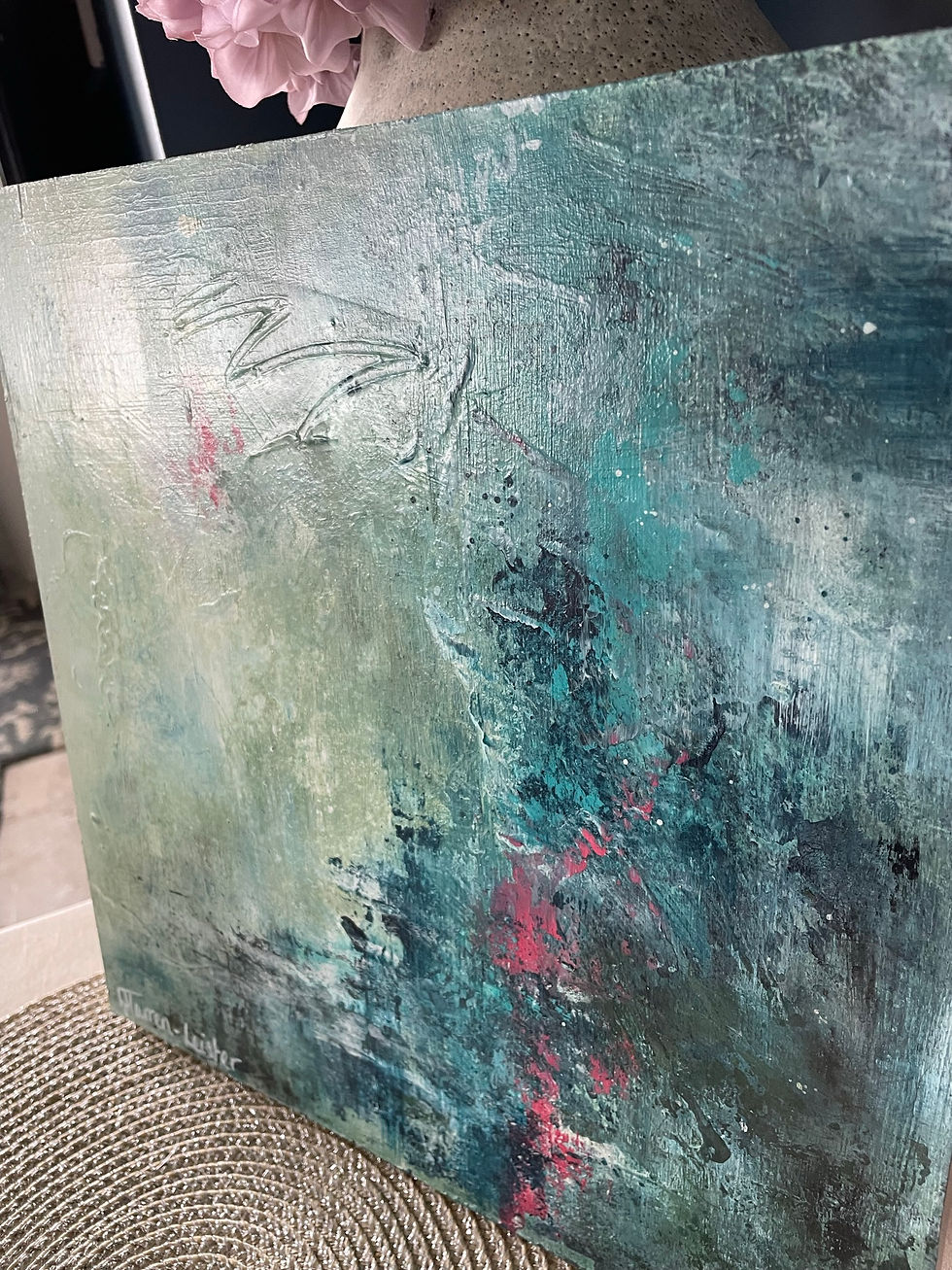 Thumbnail: Monet style abstract painting in greens & blues with pops of pink. dark on the right, light on the left details