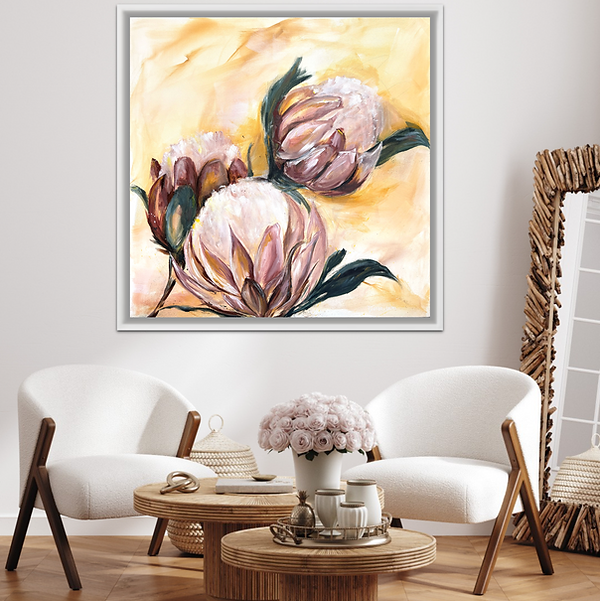Three Large Portea Flowers painted in blush colours on a pale yellow abstract background. Hung on a dressing room wall