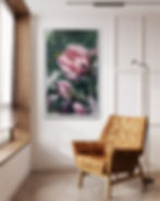 expressive acrylic painting of pink magnolias against a dark green background. Features loose brushstrokes.