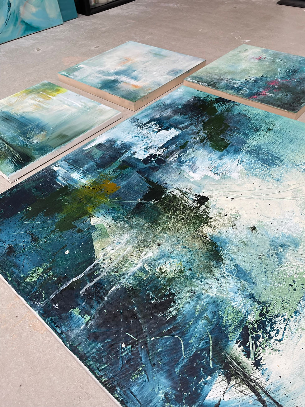 Thumbnail: Abstract painting in Navy blue & forest green with pops of yellow. On the floor with other abstract paintings
