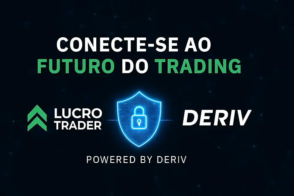 Imagem mostrando o logo da Lucro Trader e da Deriv se conectando através de um "escudo" de segurança digital, simbolizando a conexão via API.