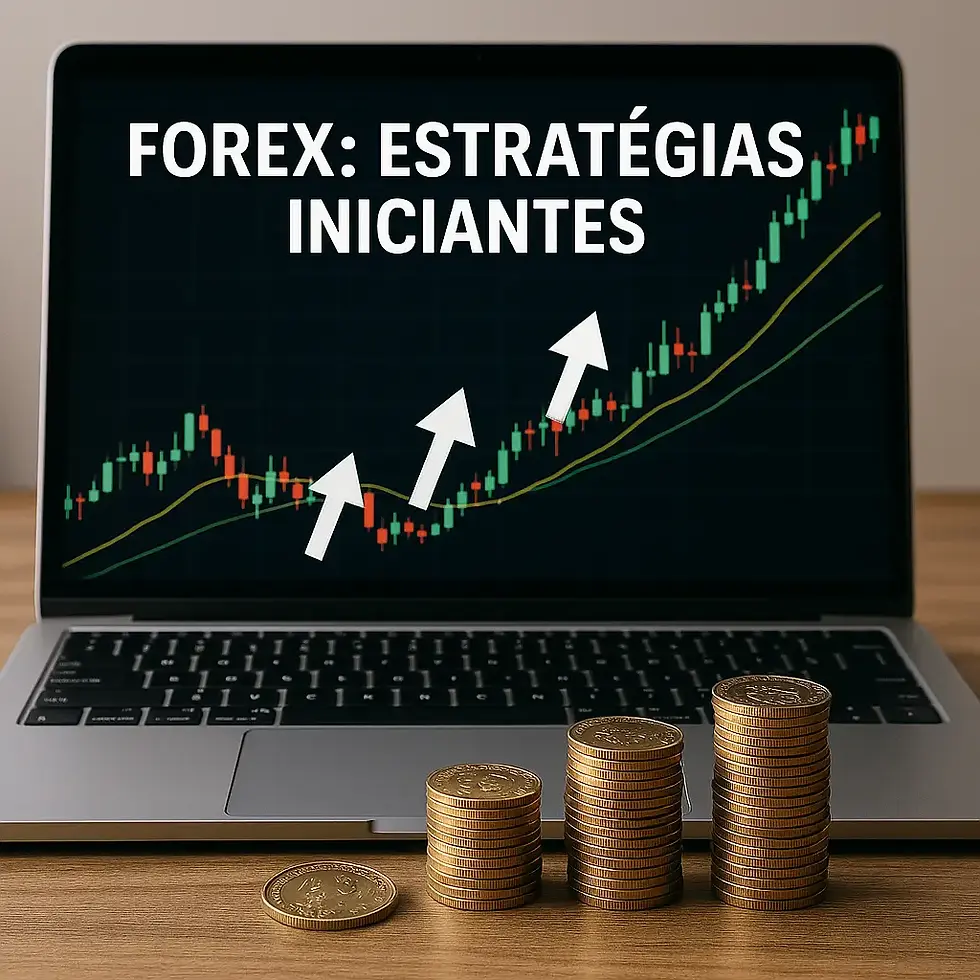 Um gráfico de negociação Forex em um laptop, com setas de tendência ascendentes e moedas de dólar, simbolizando lucro e estratégias para iniciantes.