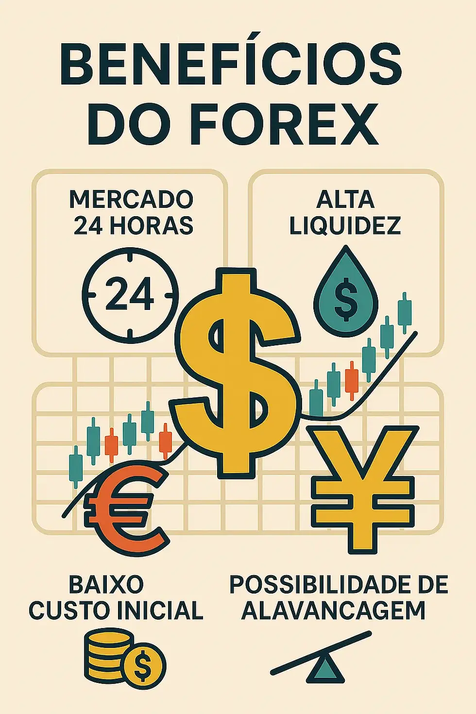 Infográfico mostrando os principais benefícios do Forex para iniciantes, incluindo mercado 24 horas, alta liquidez, baixo custo inicial e possibilidade de alavancagem.