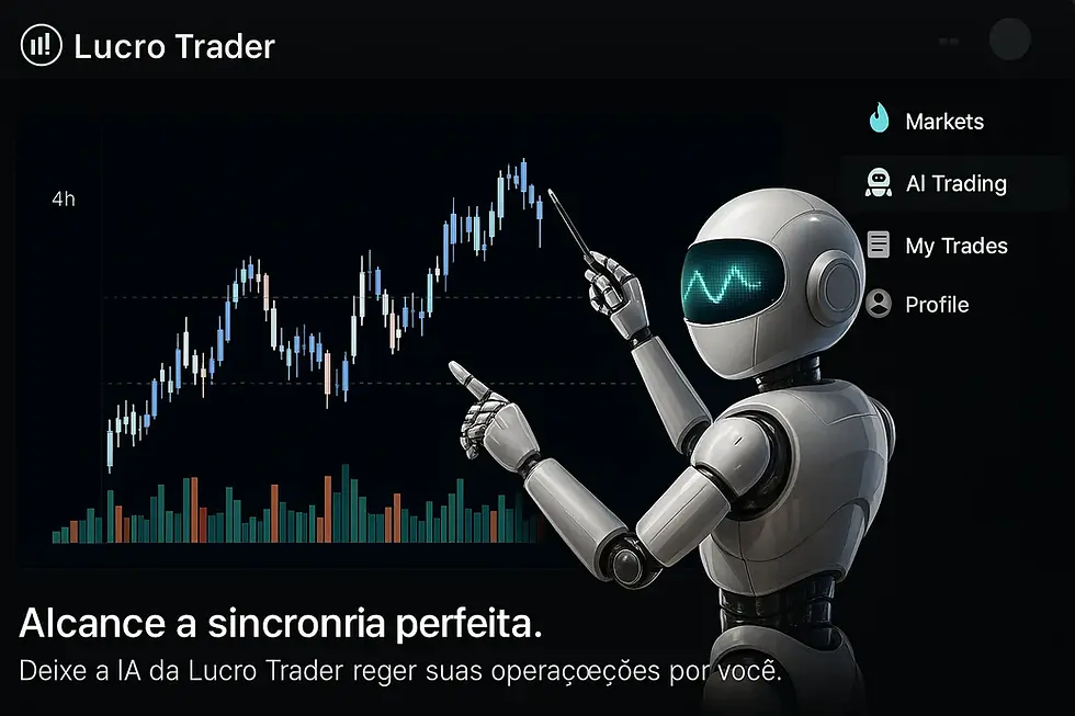 Uma imagem de um maestro regendo uma orquestra, com os músicos sendo substituídos por gráficos de mercado que se movem em harmonia.