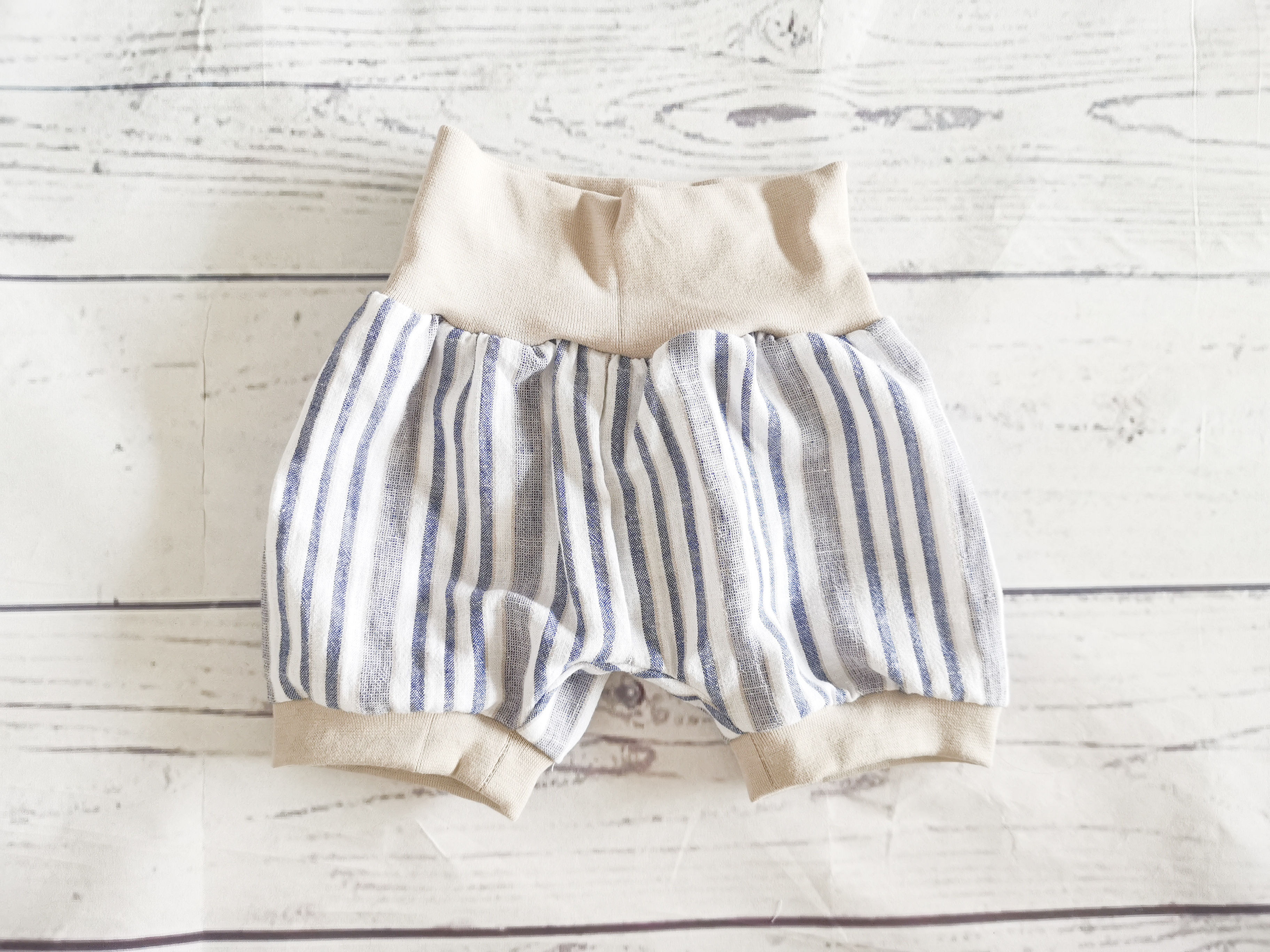 Kurze Pumphose Leinen blau/sand - Gr.56/62