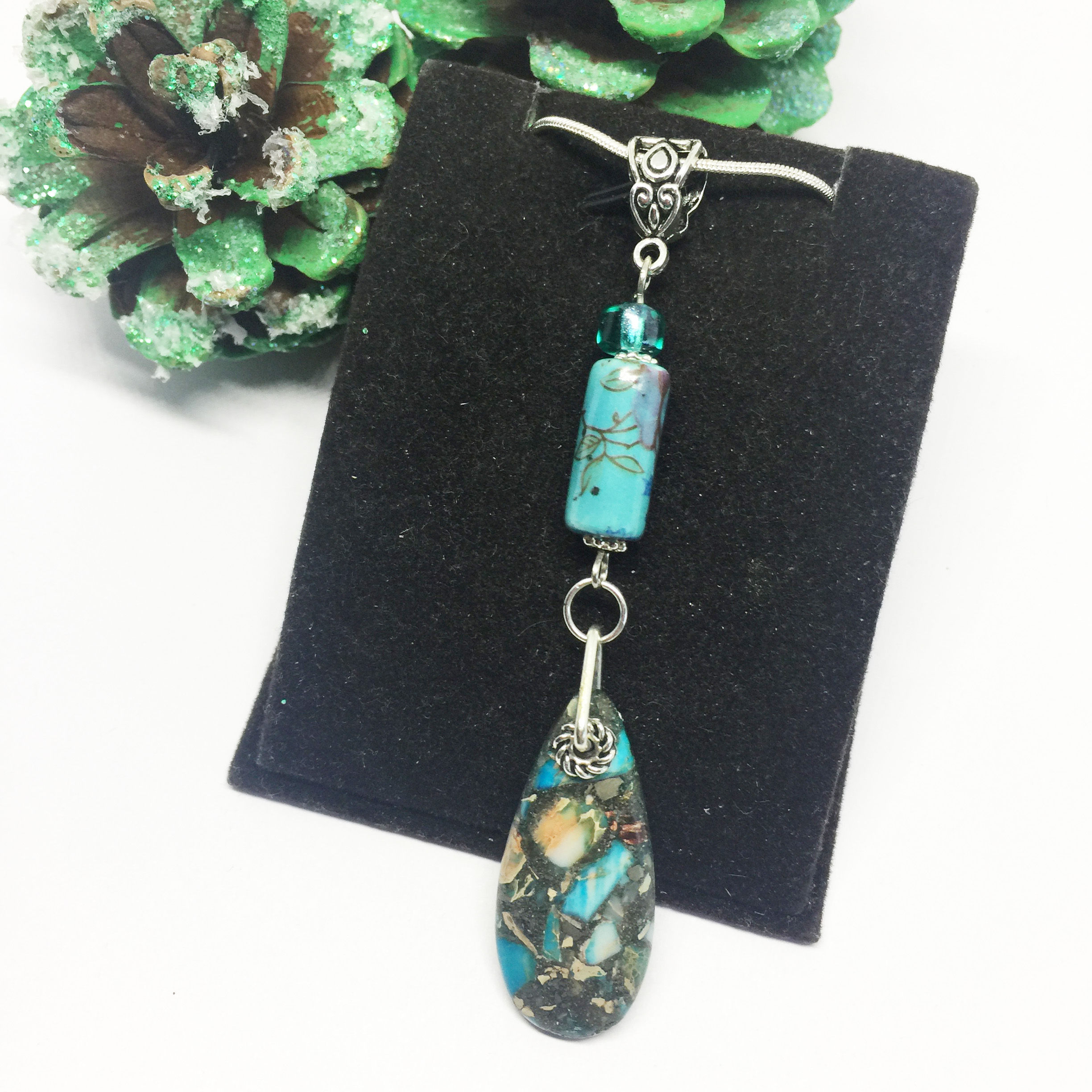 bright blue sea sediment jasper & pyrite Lapis double drop pendant