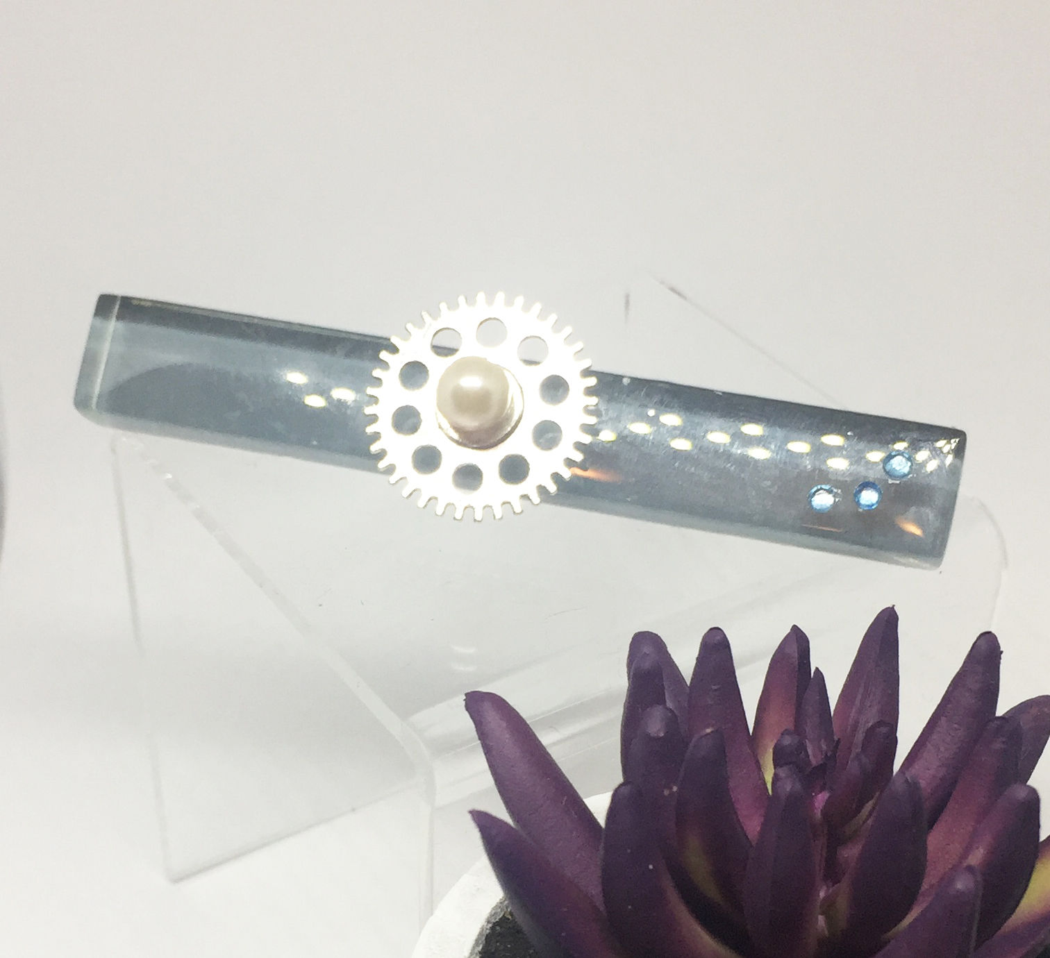 Cog and Pearl Grey Ceramic Tile Brooch