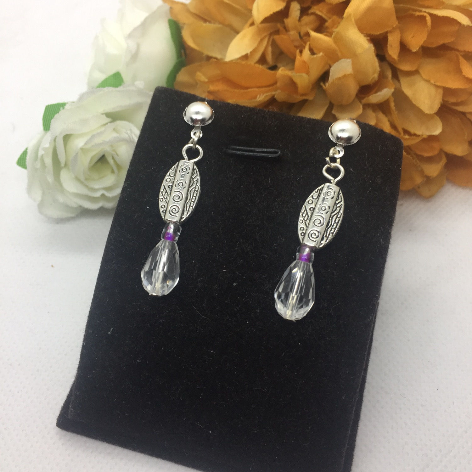 Silver oval and Crystal drop and lilac seed beed drop earrings