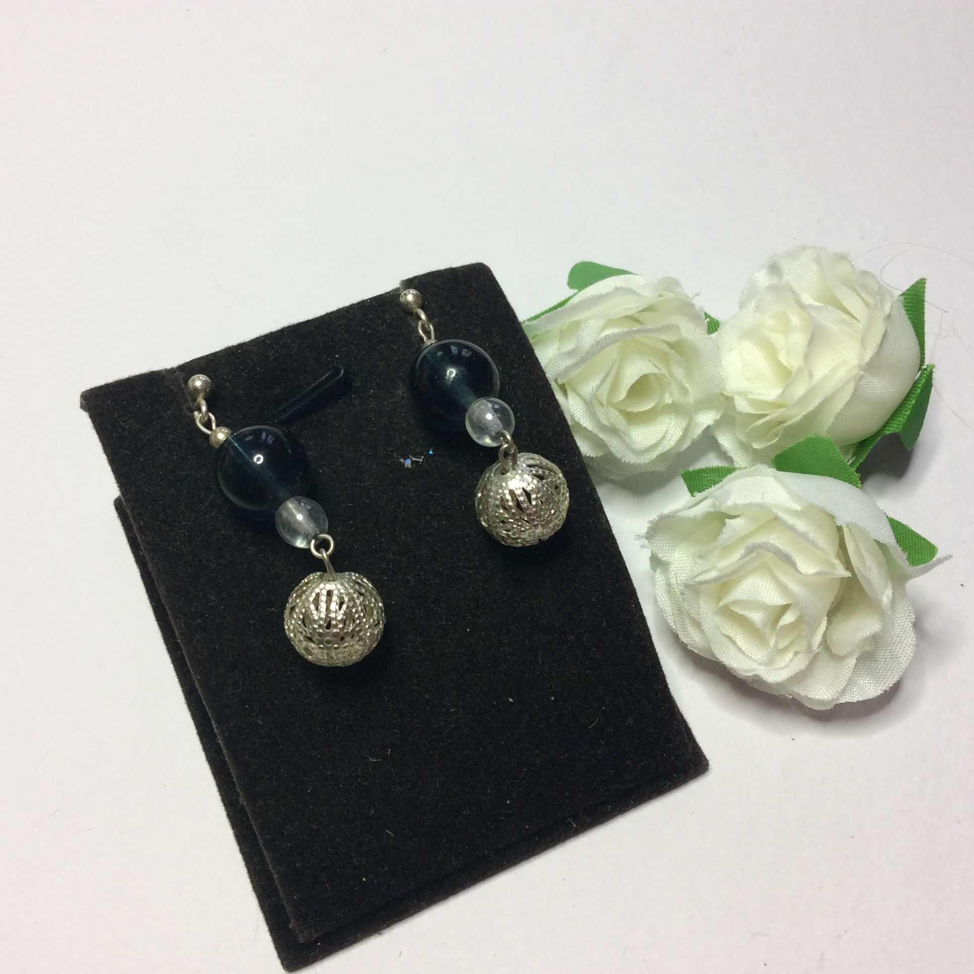 Blue and Silver 3 Bead drop earrings