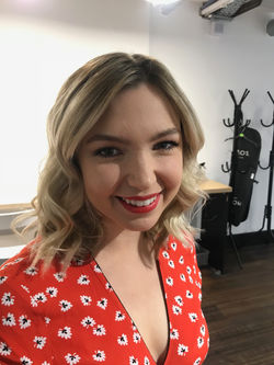 Soft glam with red lip.