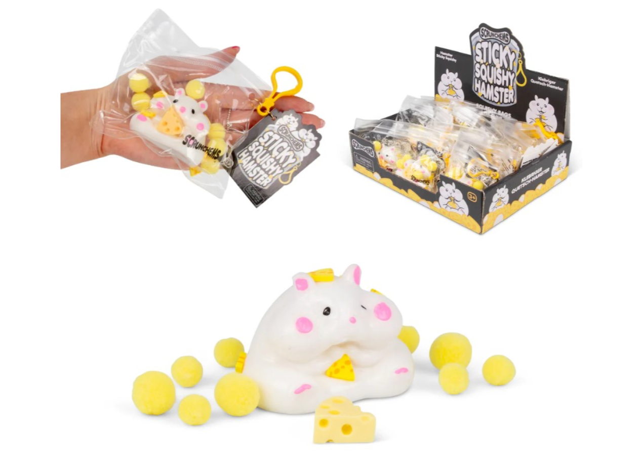 Scrunchems Sticky Squishy Hamster in packaging and display with cheese details.