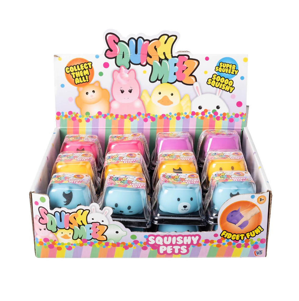 Squish Meez Squishy Pets display box with colorful collectible animal toys.