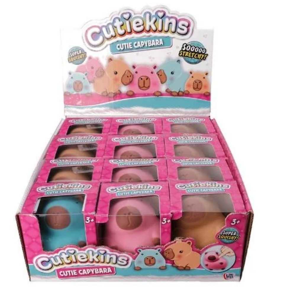 Cutiekins Cutie Capybara Assorted display case with several toy capybaras shown.