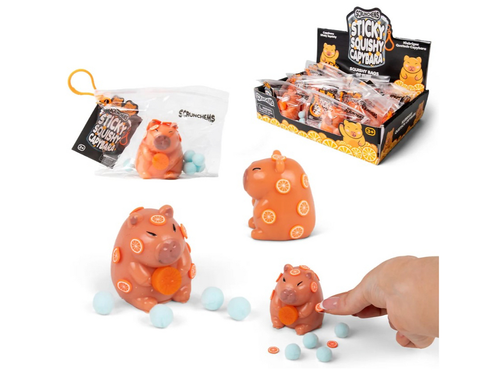 Scrunchems Sticky Squishy Capybara toys with packaging and fun orange details