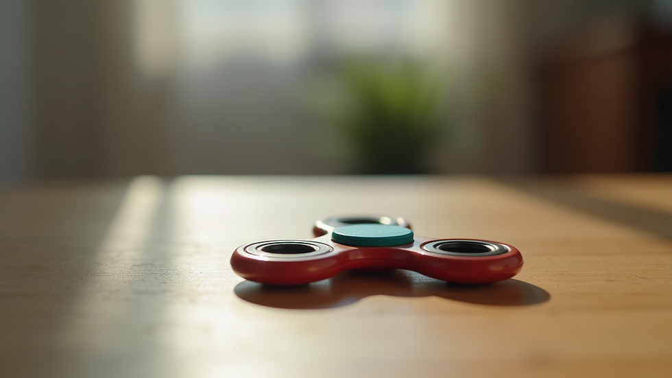 Close-up view of a colorful fidget spinner on a wooden surface