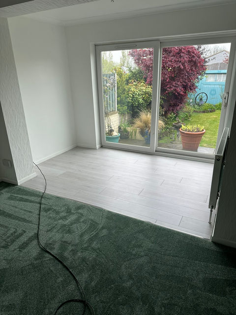part laminate flooring part green carpet in lounge