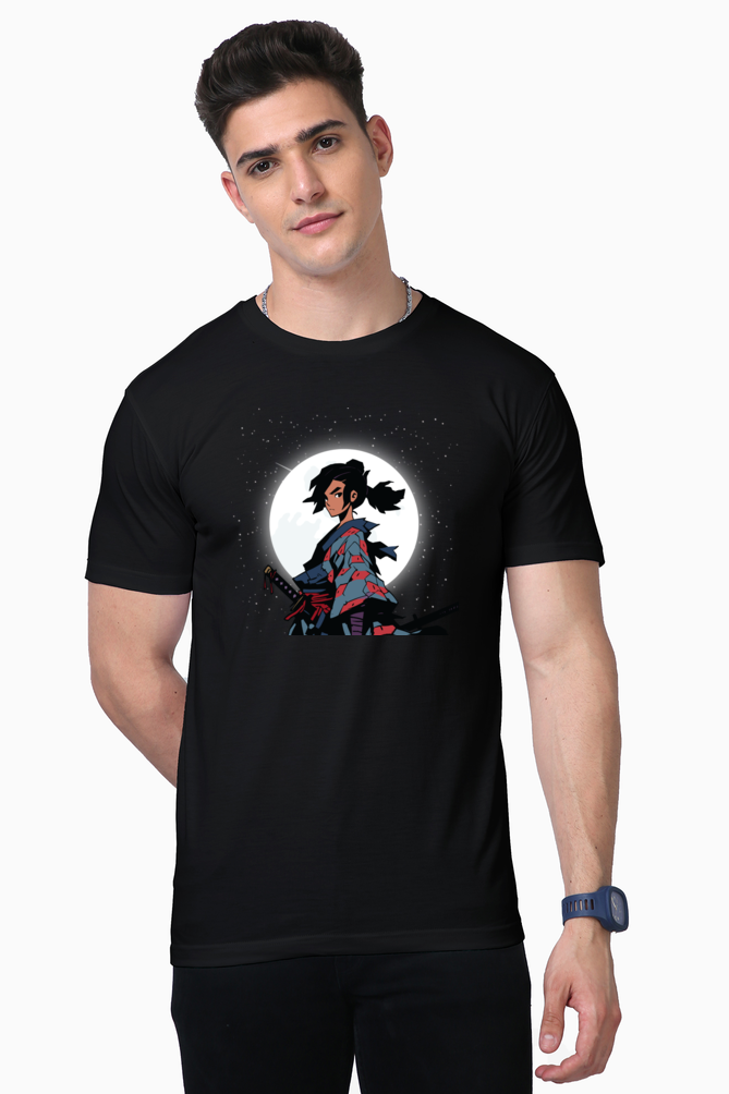 UNOQIO Blacklight Moon Anime Samurai Supima Cotton Black T-Shirt for Men