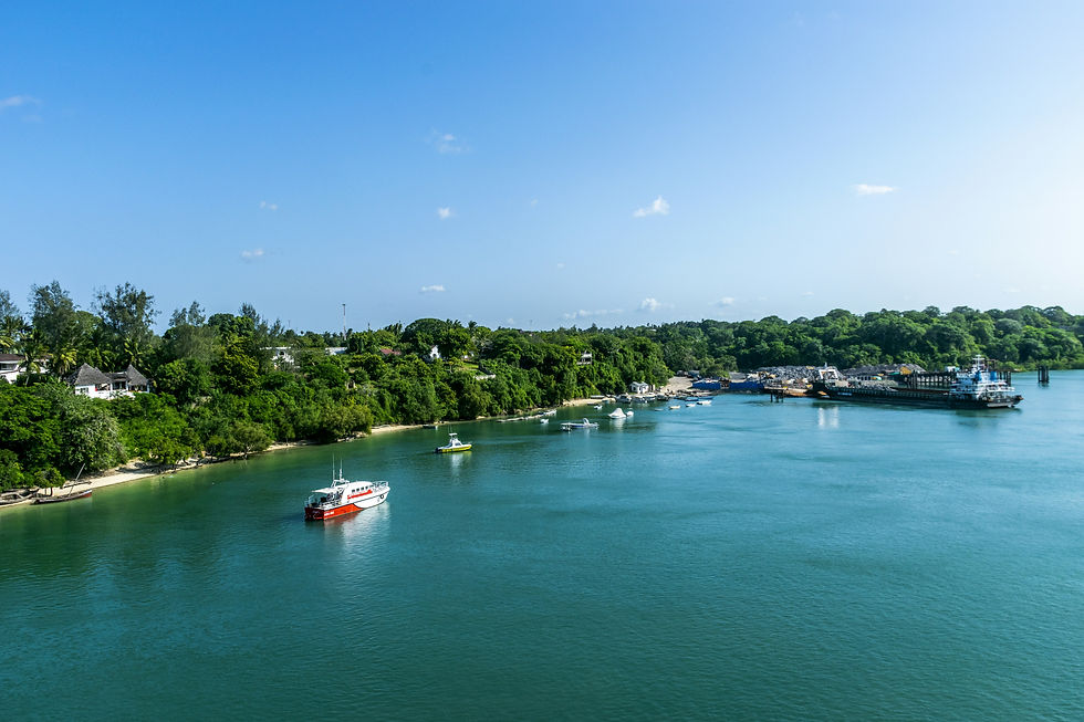 Tropical harbor with small boats on turquoise water, green shoreline, and a docked cargo ship under a clear blue sky.