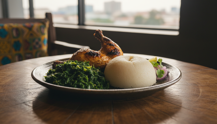 Close-up of a plated Kenyan meal on a restaurant table with soft natural light