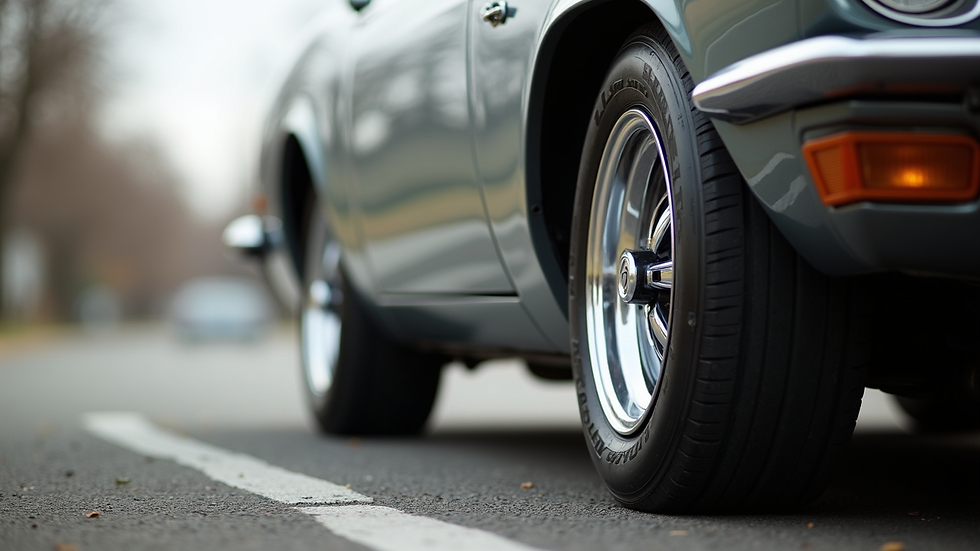 Close-up view of custom car wheels and tires on a street