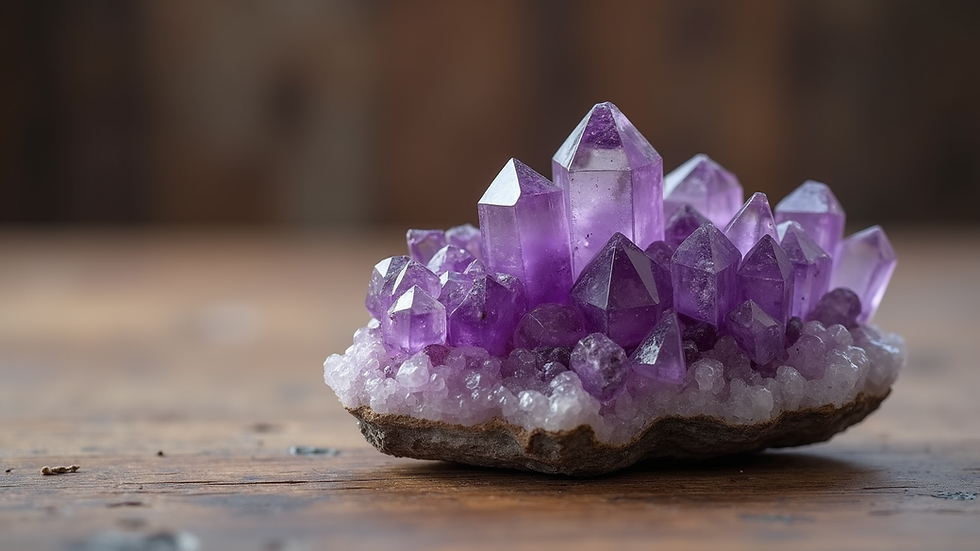 Close-up view of amethyst crystal on a wooden surface