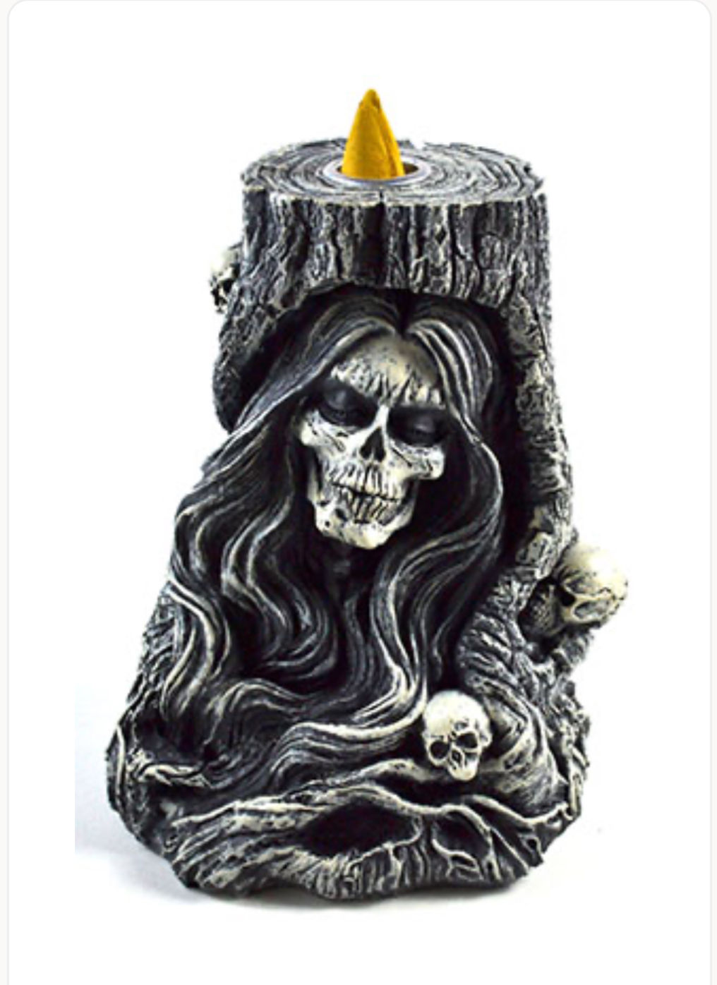 Haunted Tree Trunk Backflow Incense Burner – Gothic Skull Resin Smoke Waterfall
