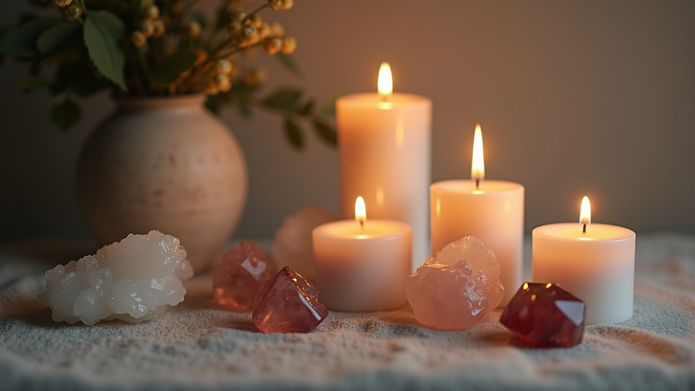 Close-up view of a meditation altar with candles and crystals