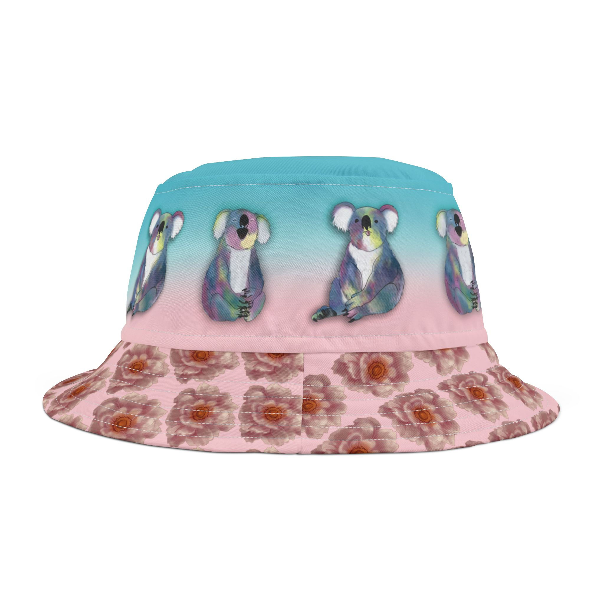 Pastel Twin Koala Bear Bucket Hat — Cute Floral AOP Sun Hat